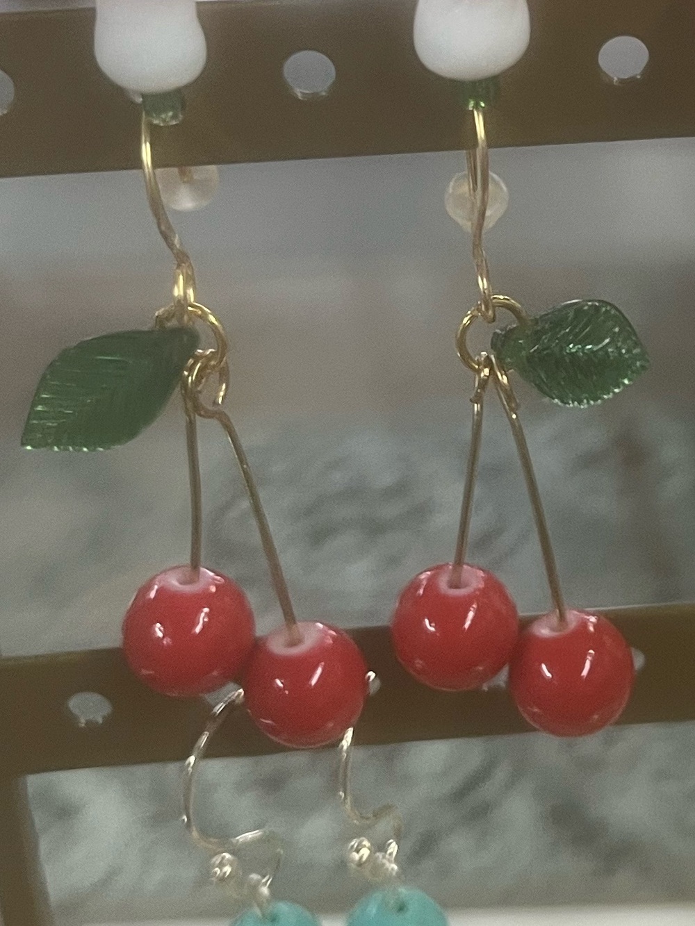 Gold-Tone Cherry Drop Earrings with Red Enamel Fruit and Green Leaf